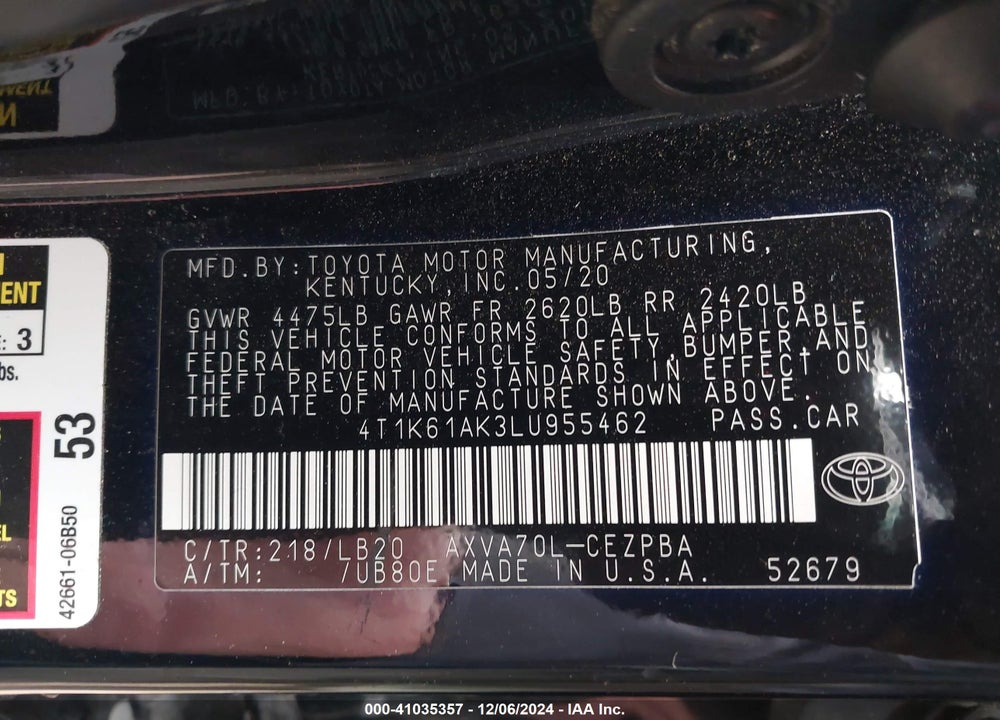 2020 TOYOTA CAMRY VIN: 4T1K61AK3LU955462