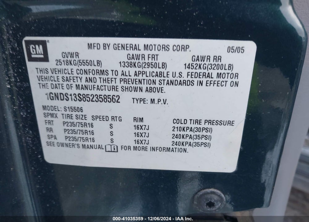 2005 CHEVROLET TRAILBLAZER LS VIN: 1GNDS13S852358562