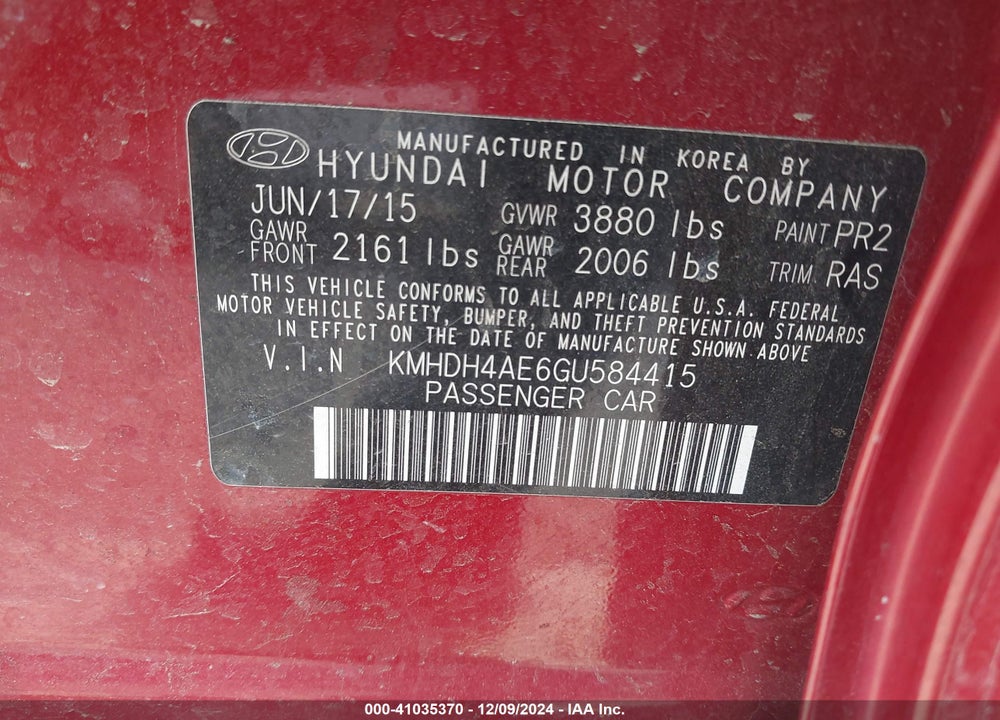 2016 HYUNDAI ELANTRA SE VIN: KMHDH4AE6GU584415