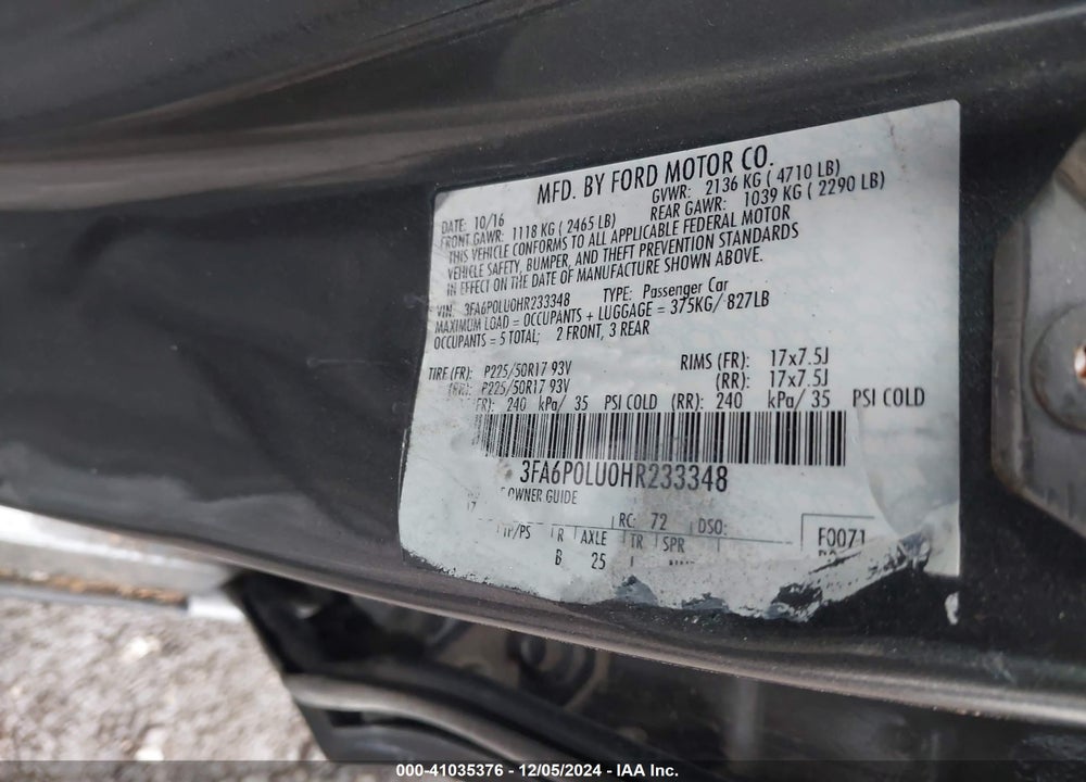 2017 FORD FUSION HYBRID SE VIN: 3FA6P0LU0HR233348