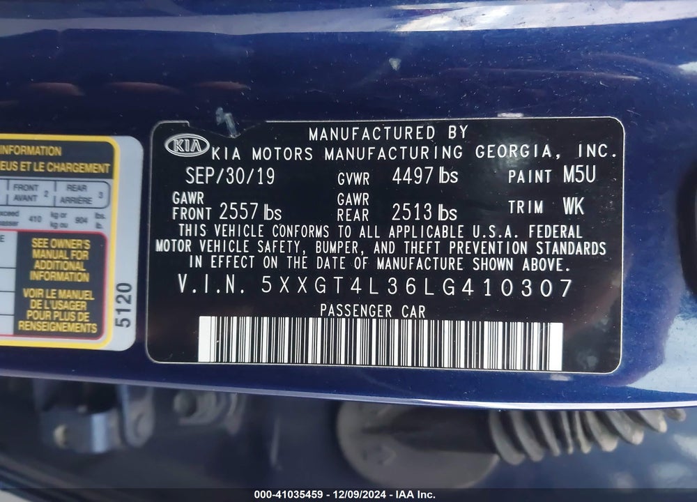 2020 KIA OPTIMA VIN: 5XXGT4L36LG410307