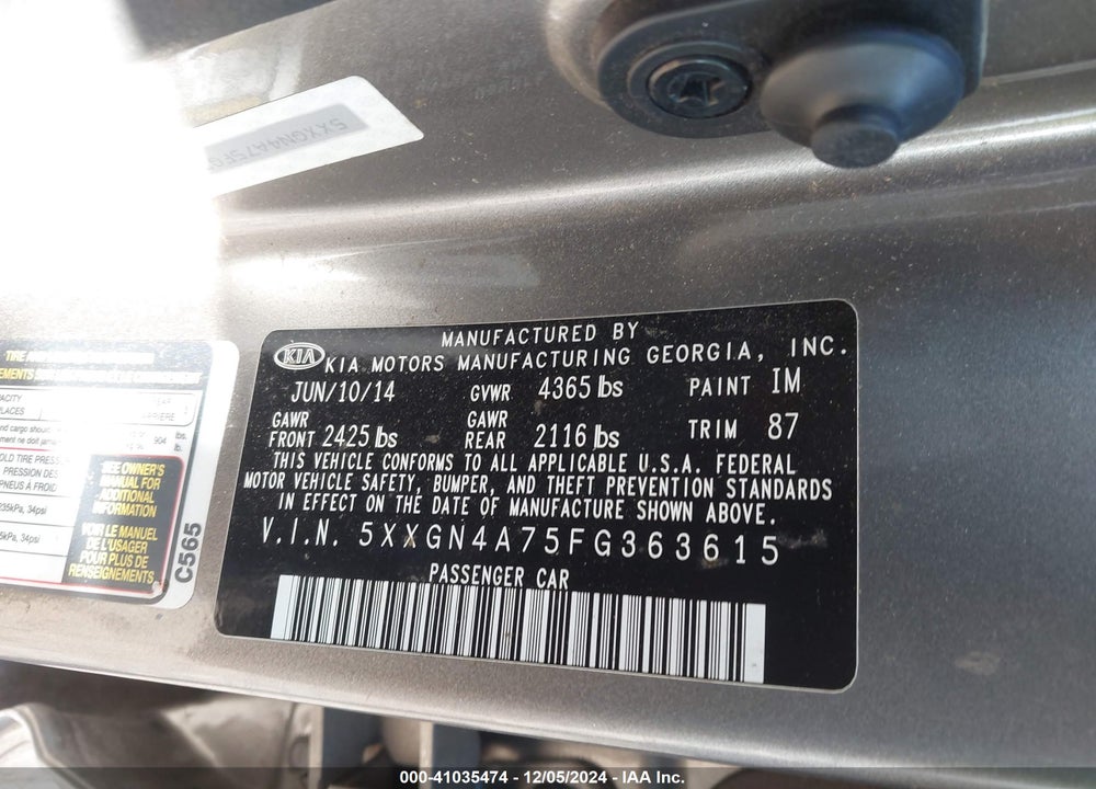 2015 KIA OPTIMA EX VIN: 5XXGN4A75FG363615