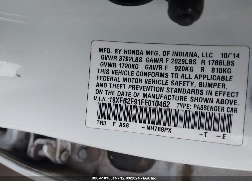 2015 HONDA CIVIC VIN: 19XFB2F91FE010462