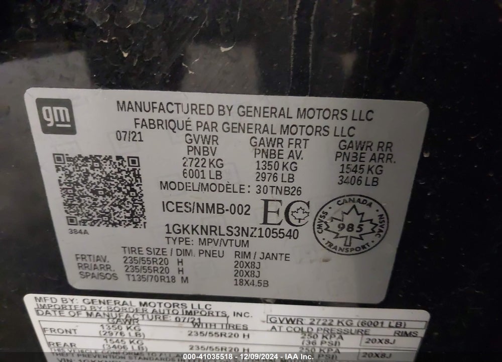 2022 GMC ACADIA VIN: 1GKKNRLS3NZ105540