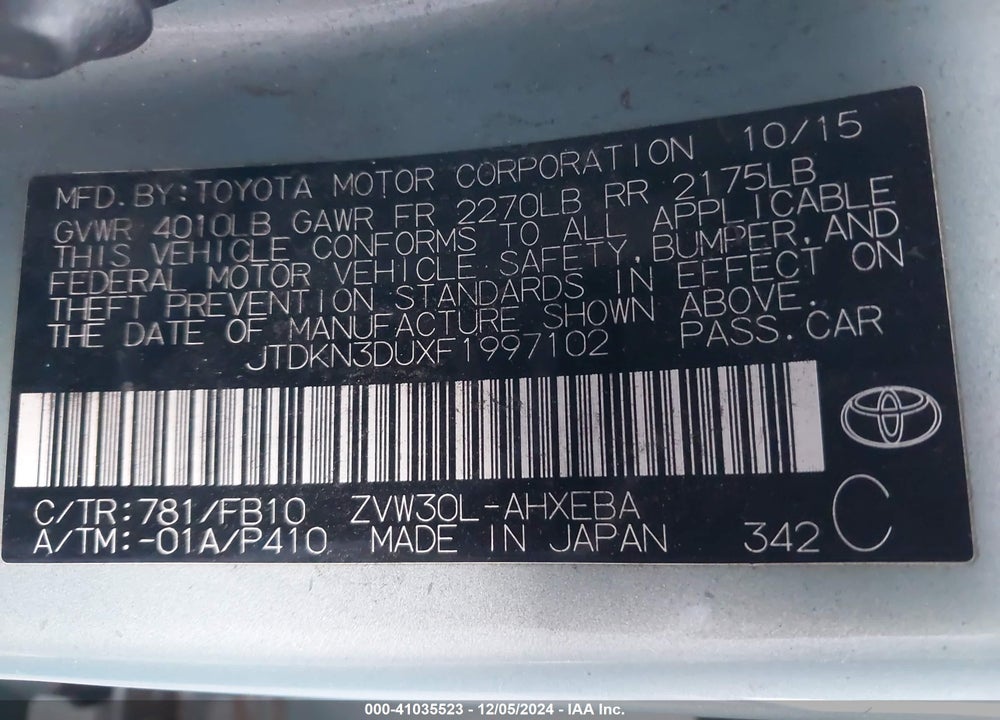 2015 TOYOTA PRIUS TWO VIN: JTDKN3DUXF1997102