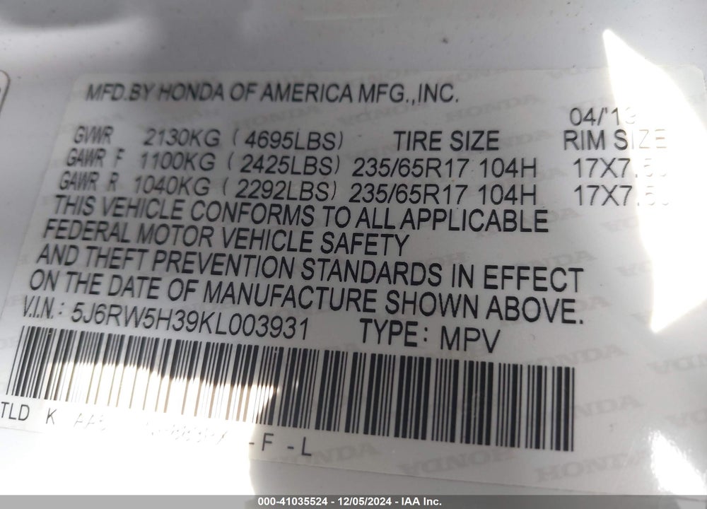 2019 HONDA CR-V LX VIN: 5J6RW5H39KL003931