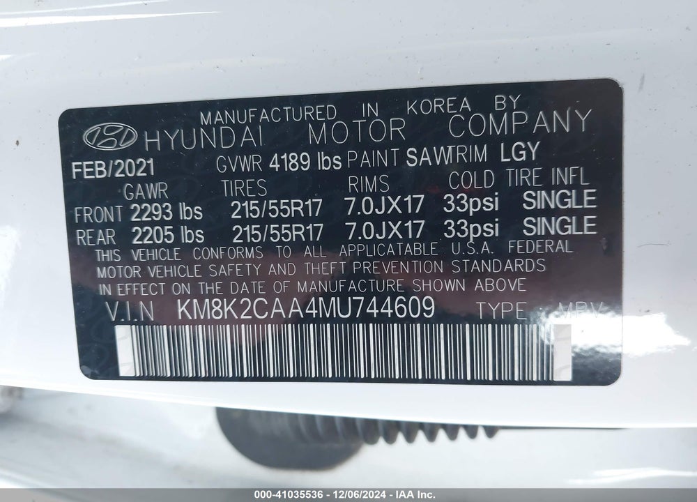 2021 HYUNDAI KONA SEL VIN: KM8K2CAA4MU744609