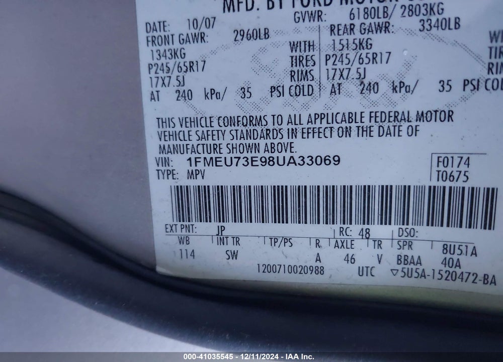 2008 FORD EXPLORER XLT VIN: 1FMEU73E98UA33069
