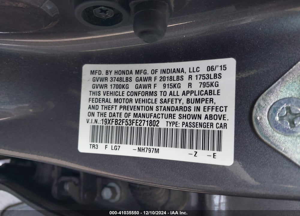 2015 HONDA CIVIC LX VIN: 19XFB2F53FE271802