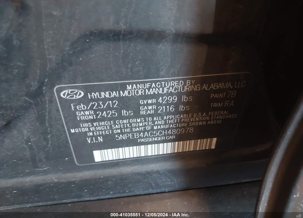 2012 HYUNDAI SONATA GLS VIN: 5NPEB4AC5CH480978