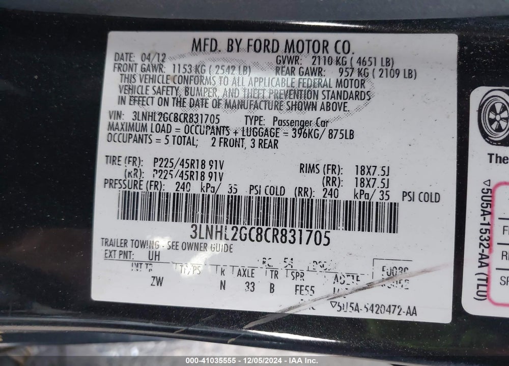 2012 LINCOLN MKZ VIN: 3LNHL2GC8CR831705
