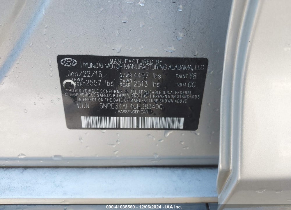2016 HYUNDAI SONATA LIMITED VIN: 5NPE34AF4GH383400