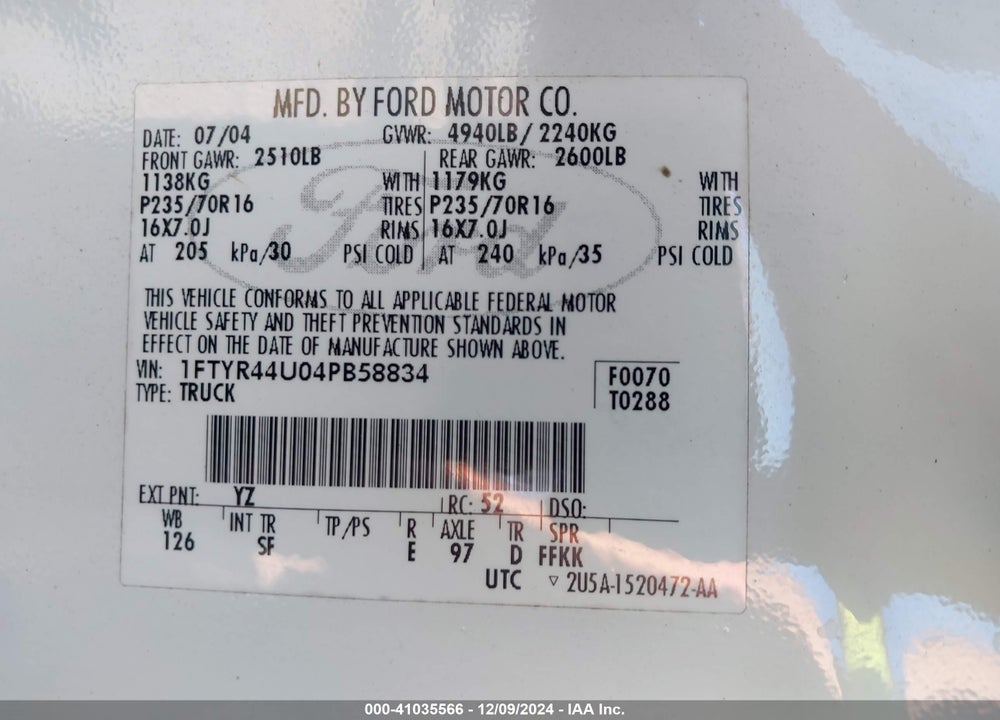 2004 FORD RANGER EDGE/TREMOR/XLT VIN: 1FTYR44U04PB58834