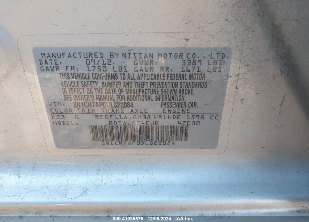 2013 NISSAN VERSA 1.6 SL VIN: 3N1CN7AP0DL822084