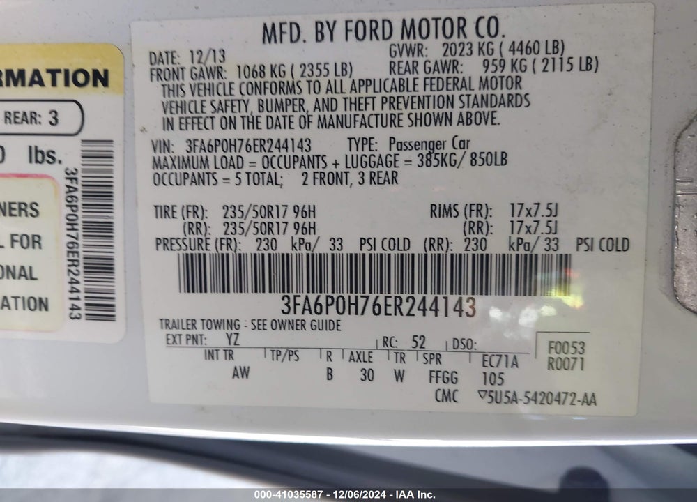 2014 FORD FUSION SE VIN: 3FA6P0H76ER244143