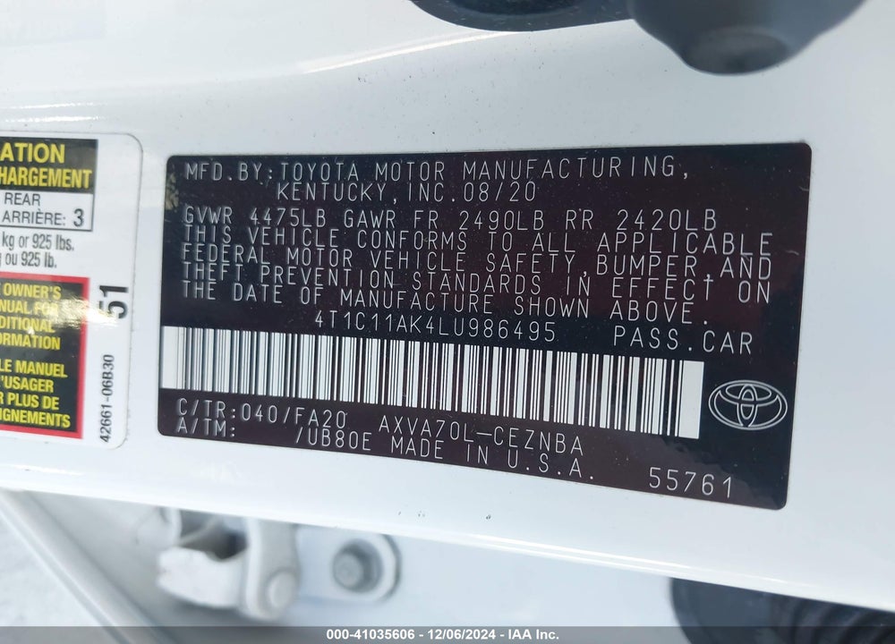 2020 TOYOTA CAMRY LE VIN: 4T1C11AK4LU986495