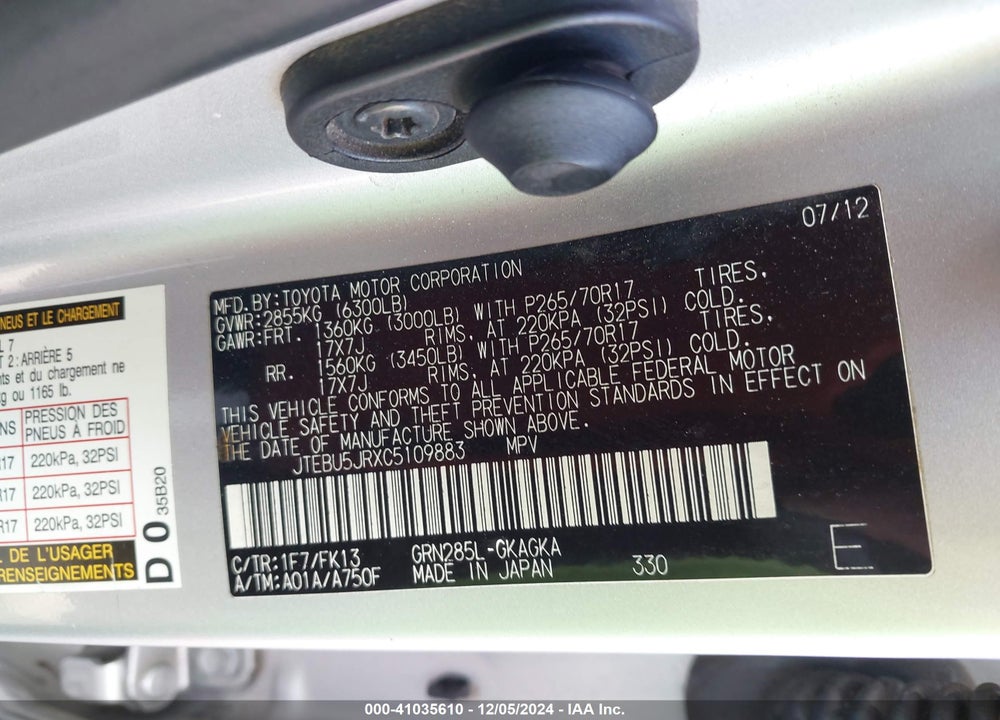 2012 TOYOTA 4RUNNER SR5 VIN: JTEBU5JRXC5109883