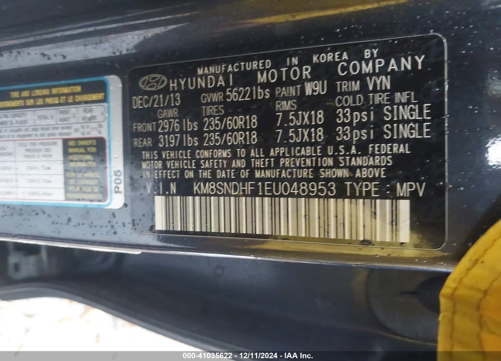 2014 HYUNDAI SANTA FE VIN: KM8SNDHF1EU048953