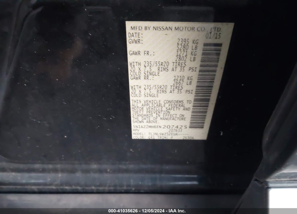 2015 NISSAN MURANO PLATINUM VIN: 5N1AZ2MH6FN207425