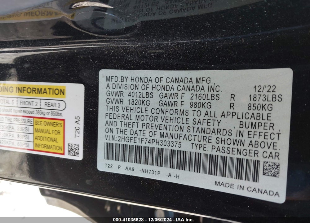 2023 HONDA CIVIC VIN: 2HGFE1F74PH303375
