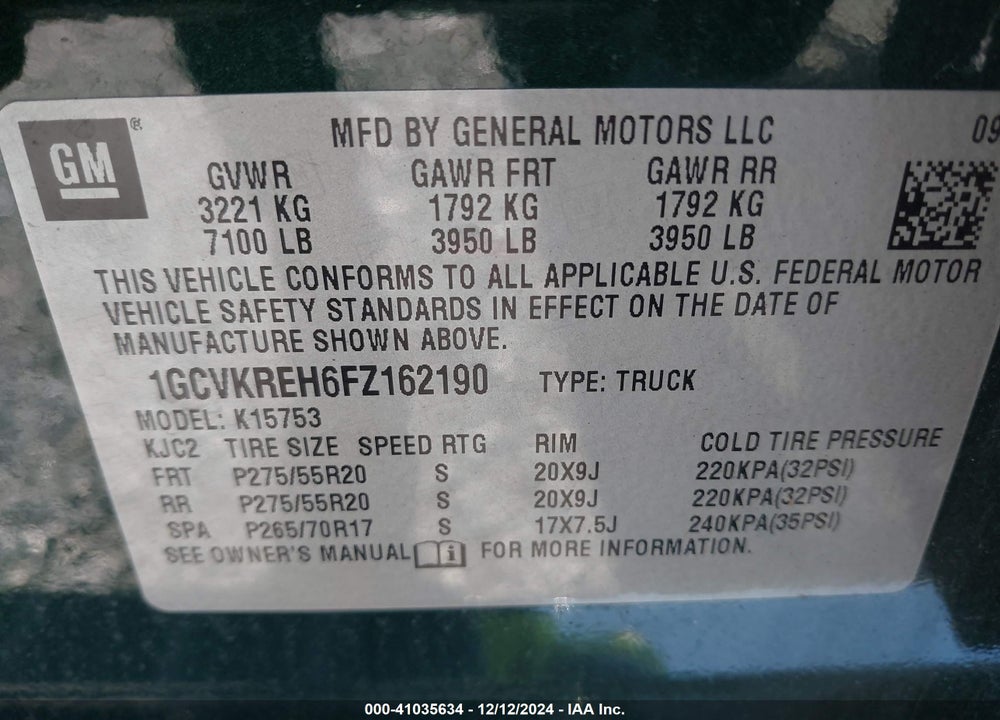 2015 CHEVROLET SILVERADO 1500 1LT VIN: 1GCVKREH6FZ162190
