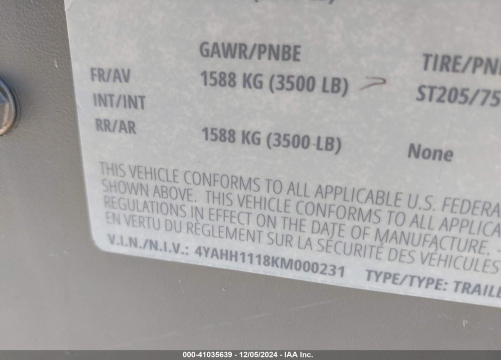 2019 UNKNOWN D185PDZSB COMPRESSOR VIN: 4YAHH1118KM000231