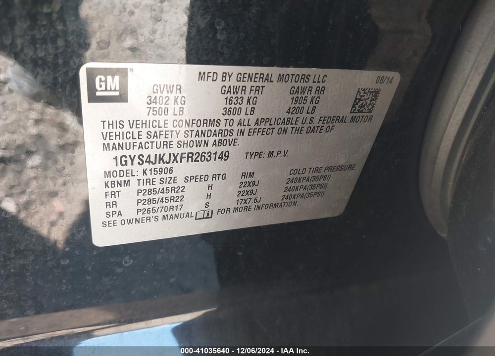 2015 CADILLAC ESCALADE ESV PREMIUM VIN: 1GYS4JKJXFR263149