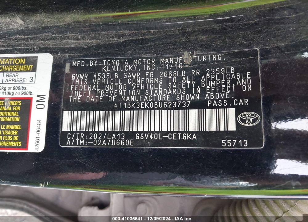 2011 TOYOTA CAMRY XLE V6 VIN: 4T1BK3EK0BU623737