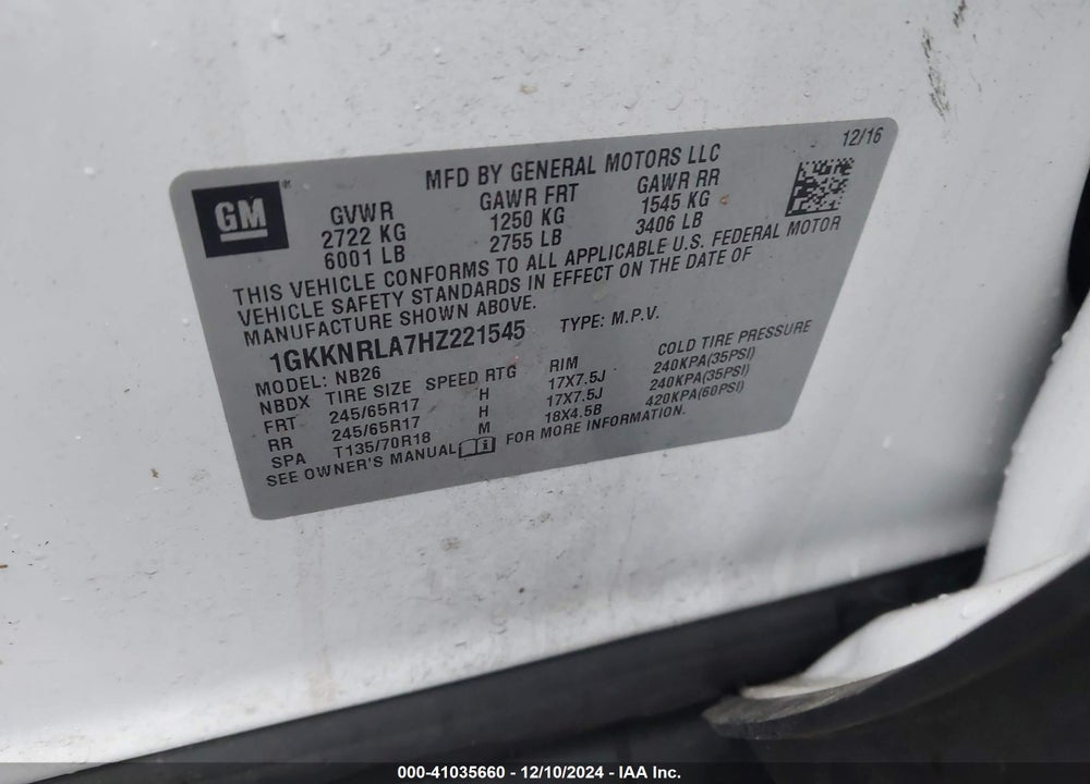 2017 GMC ACADIA SLE-1 VIN: 1GKKNRLA7HZ221545