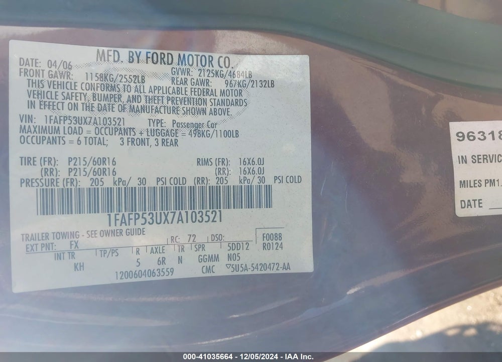 2007 FORD TAURUS SE VIN: 1FAFP53UX7A103521