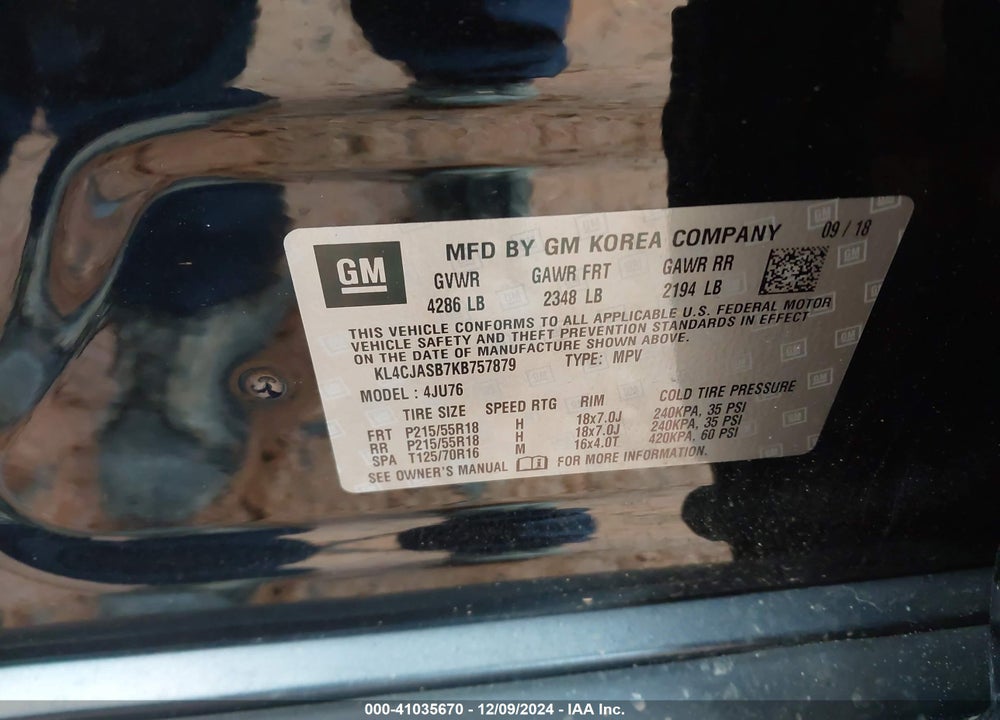 2019 BUICK ENCORE FWD PREFERRED VIN: KL4CJASB7KB757879