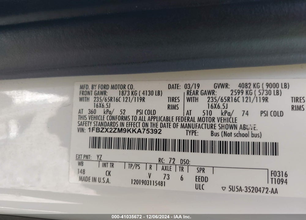 2019 FORD TRANSIT-350 XLT VIN: 1FBZX2ZM9KKA75392