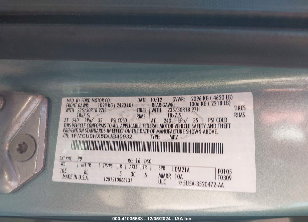 2013 FORD ESCAPE SEL VIN: 1FMCU0HX5DUB40932
