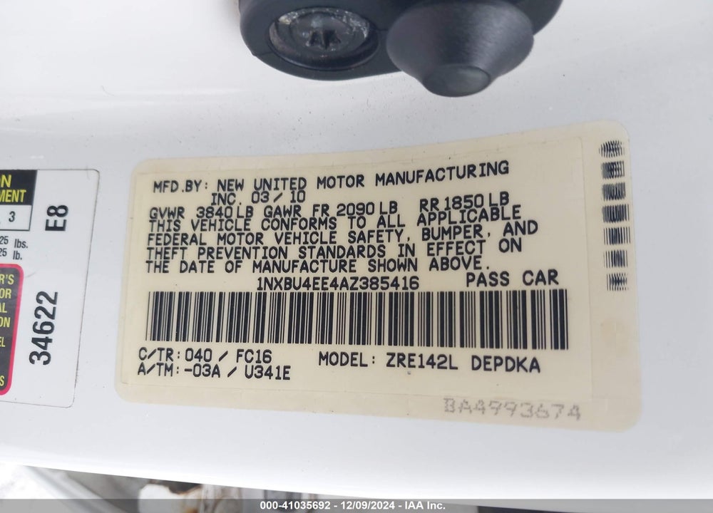 2010 TOYOTA COROLLA LE VIN: 1NXBU4EE4AZ385416