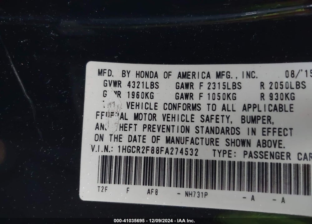 2015 HONDA ACCORD EX-L VIN: 1HGCR2F88FA274532