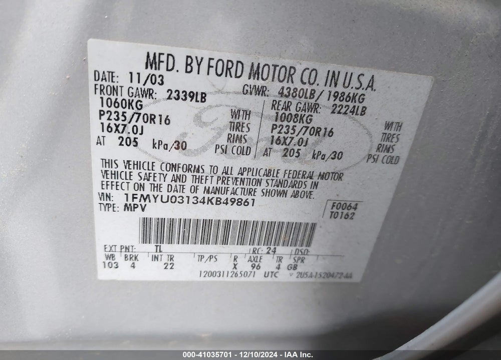 2004 FORD ESCAPE XLT VIN: 1FMYU03134KB49861