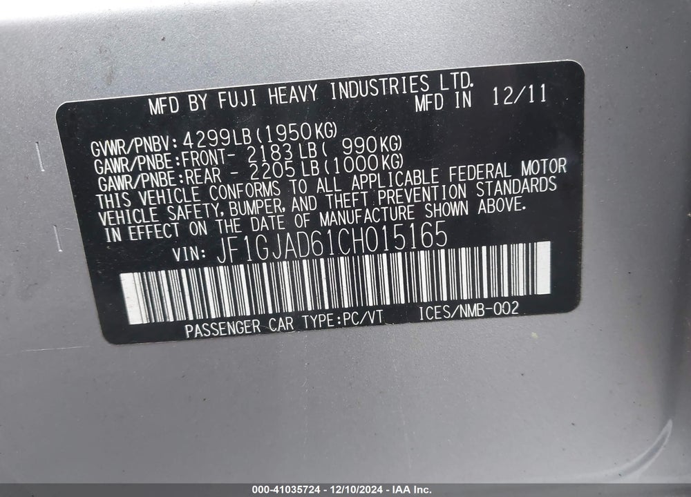 2012 SUBARU IMPREZA 2.0I PREMIUM VIN: JF1GJAD61CH015165
