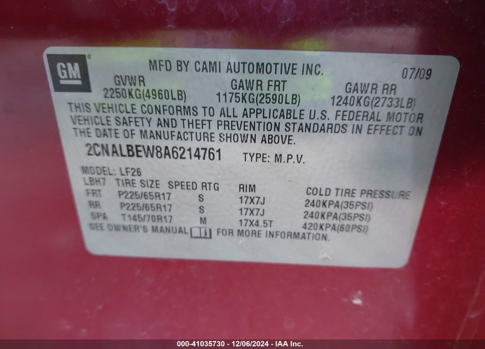 2010 CHEVROLET EQUINOX LS VIN: 2CNALBEW8A6214761