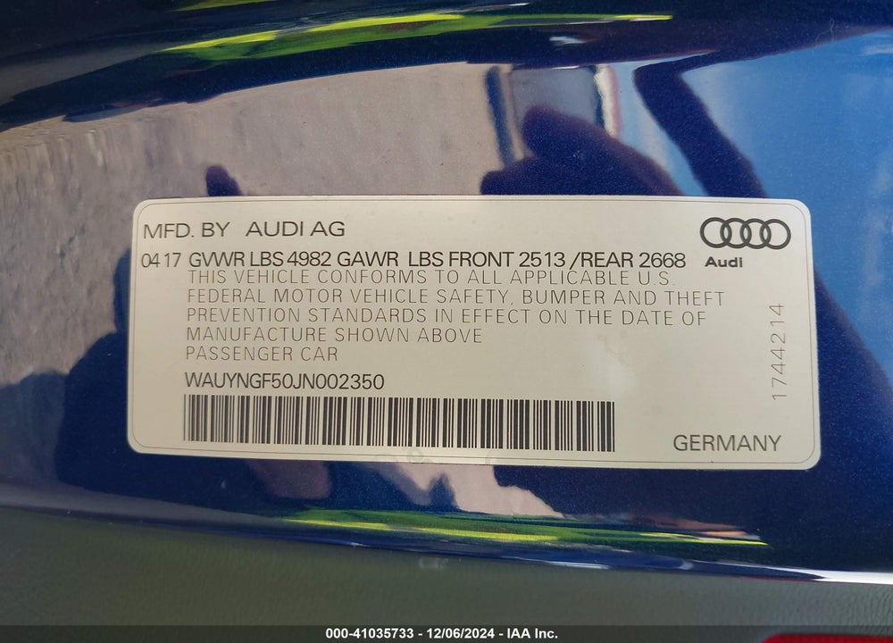2018 AUDI A5 2.0T PREMIUM VIN: WAUYNGF50JN002350