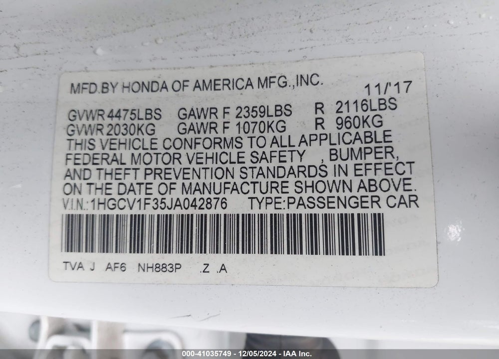 2018 HONDA ACCORD SPORT VIN: 1HGCV1F35JA042876