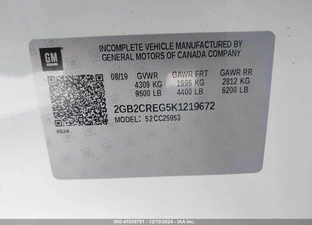 2019 CHEVROLET SILVERADO 2500HD WT VIN: 2GB2CREG5K1219672