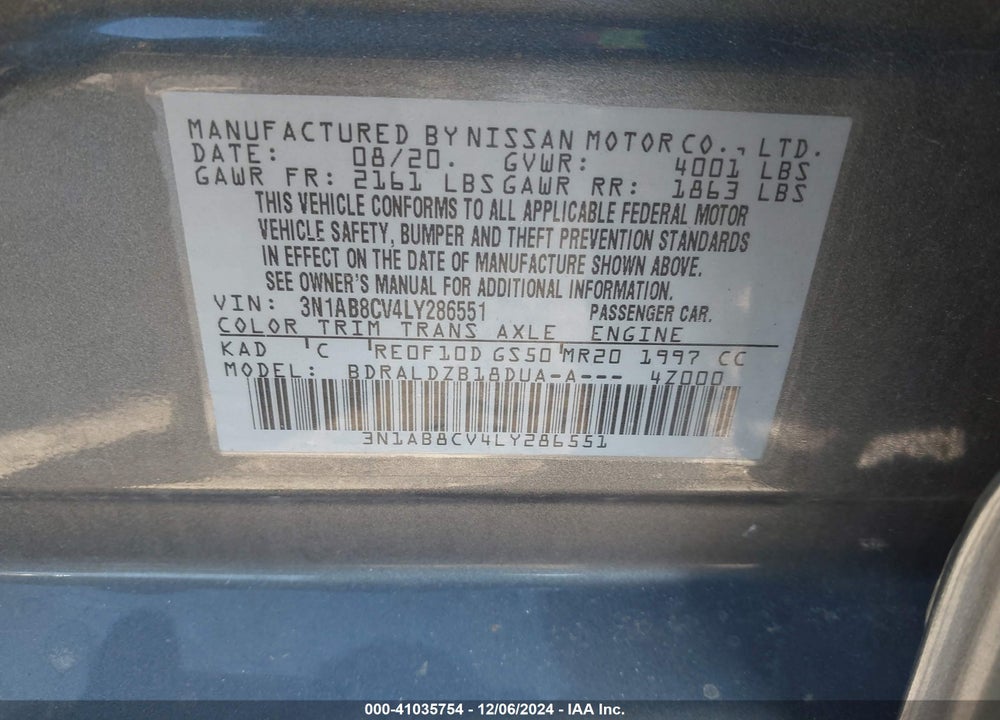 2020 NISSAN SENTRA SV XTRONIC CVT VIN: 3N1AB8CV4LY286551