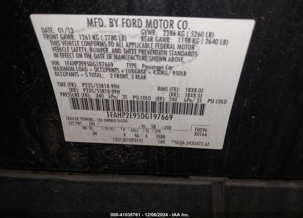 2013 FORD TAURUS VIN: 1FAHP2E95DG197669