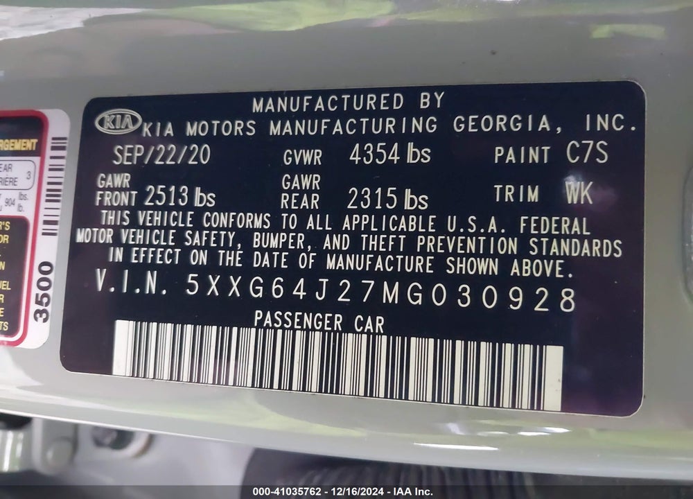 2021 KIA K5 GT LINE VIN: 5XXG64J27MG030928