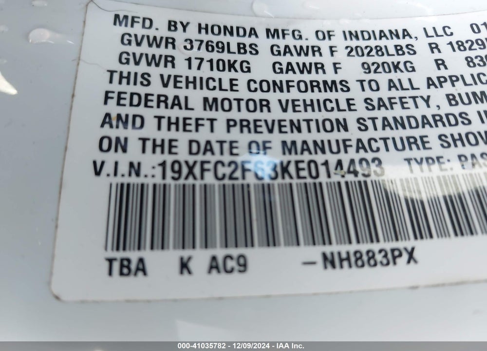 2019 HONDA CIVIC VIN: 19XFC2F63KE014493