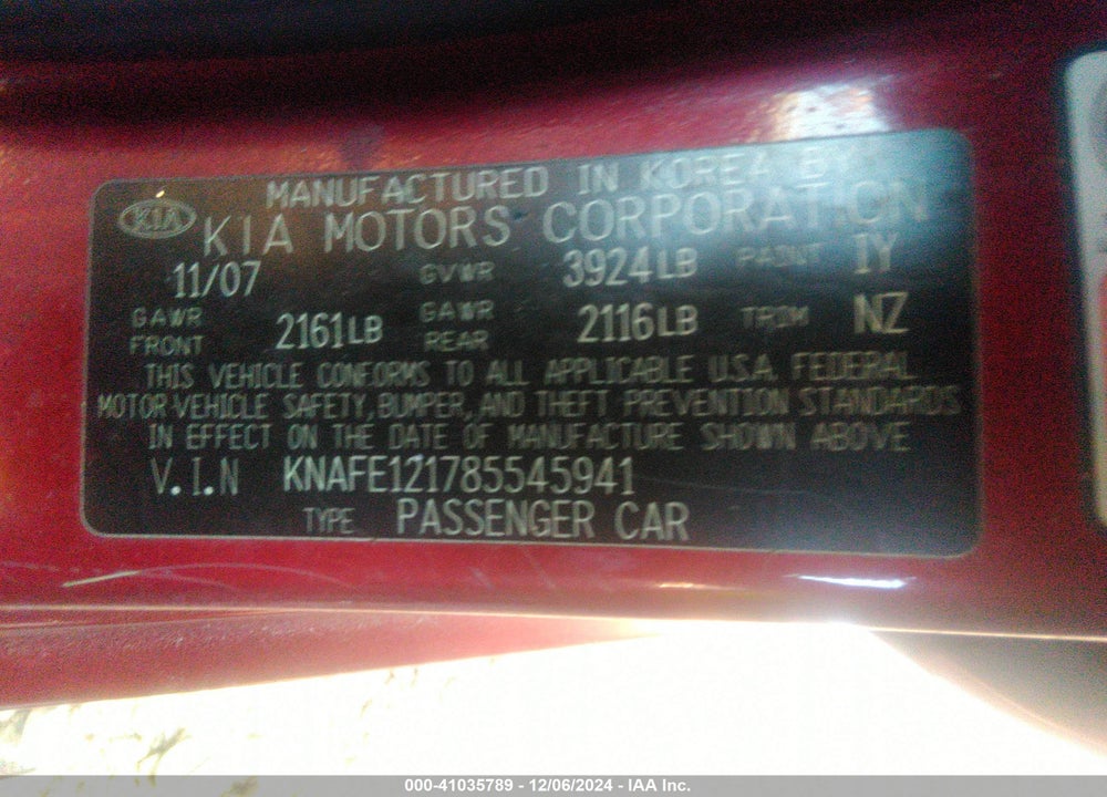 2008 KIA SPECTRA EX VIN: KNAFE121785545941