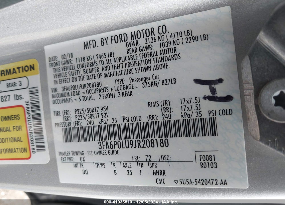 2018 FORD FUSION HYBRID VIN: 3FA6P0LU9JR208180