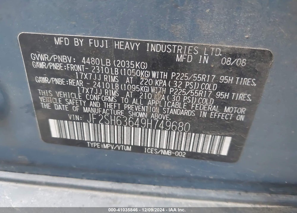 2009 SUBARU FORESTER 2.5X VIN: JF2SH63649H749680