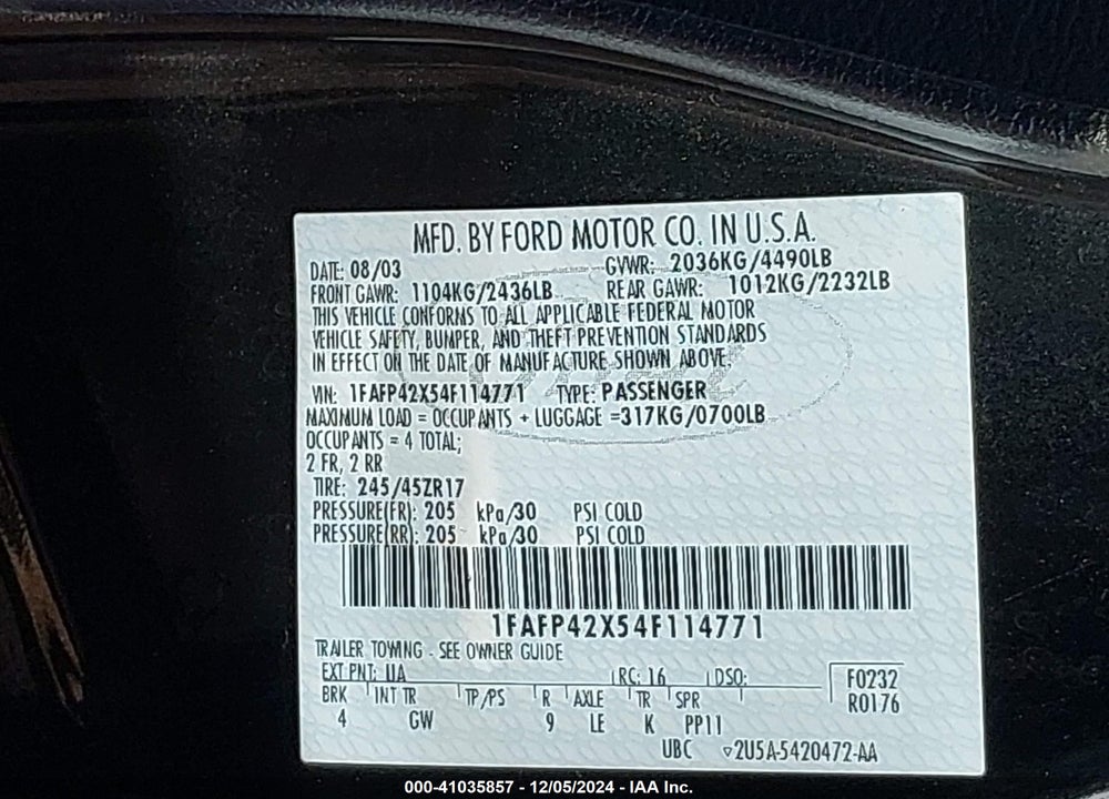2004 FORD MUSTANG GT VIN: 1FAFP42X54F114771