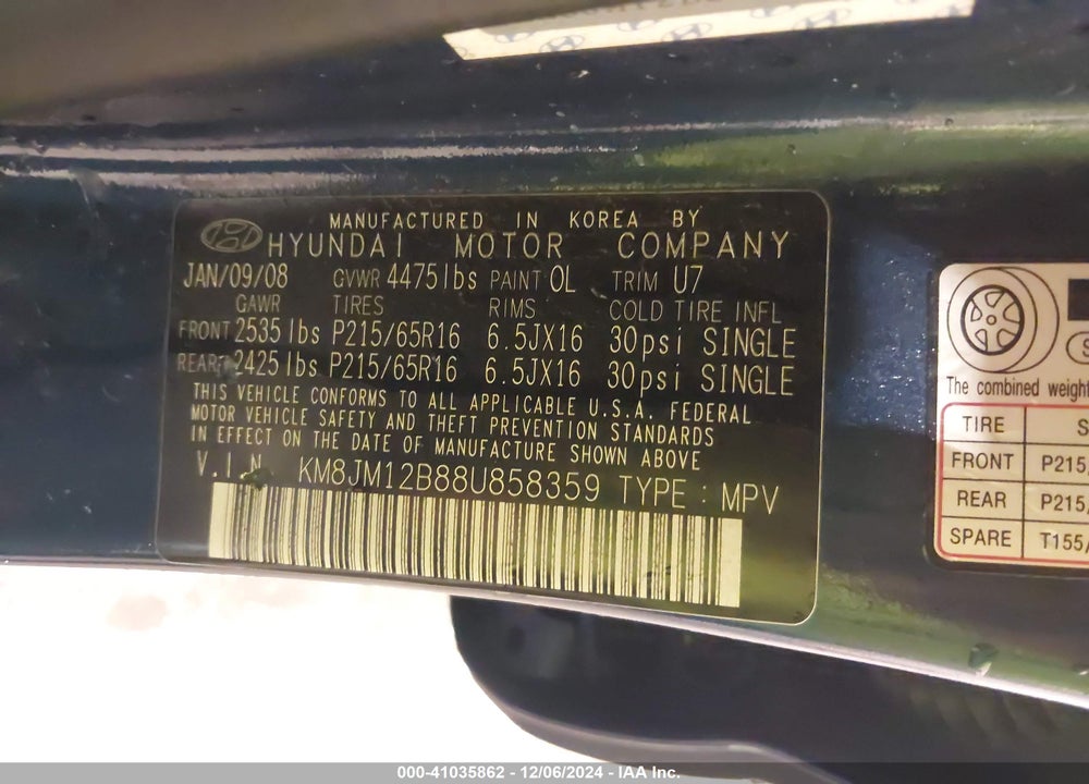2008 HYUNDAI TUCSON GLS VIN: KM8JM12B88U858359